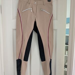 Tan Riding Pants with Red and Black Accents